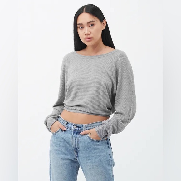 Joah Brown Slouchy Dolman off the shoulder ivory rib sweater knit fabric frayed - Picture 8 of 8